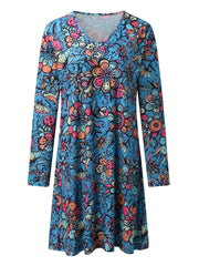  Women's Floral Print Long Sleeve V Neck Dress