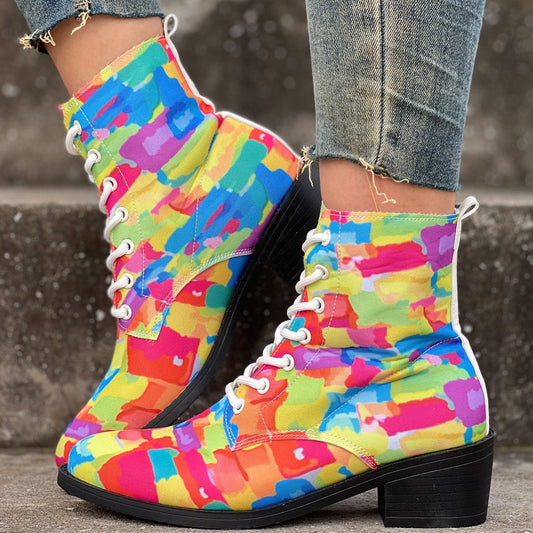 Women's Chunky Heel Lace-Up Canvas Ankle Boots