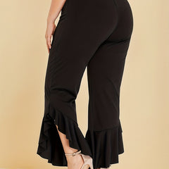  Solid Ruffle Trim High Rise Stretch Pants