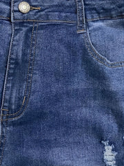  Checkered Patch Button Fly Ripped Stretch Denim Pants
