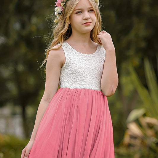 Girls Flower Lace Sleeveless Mesh Dress for Wedding Piano Performance