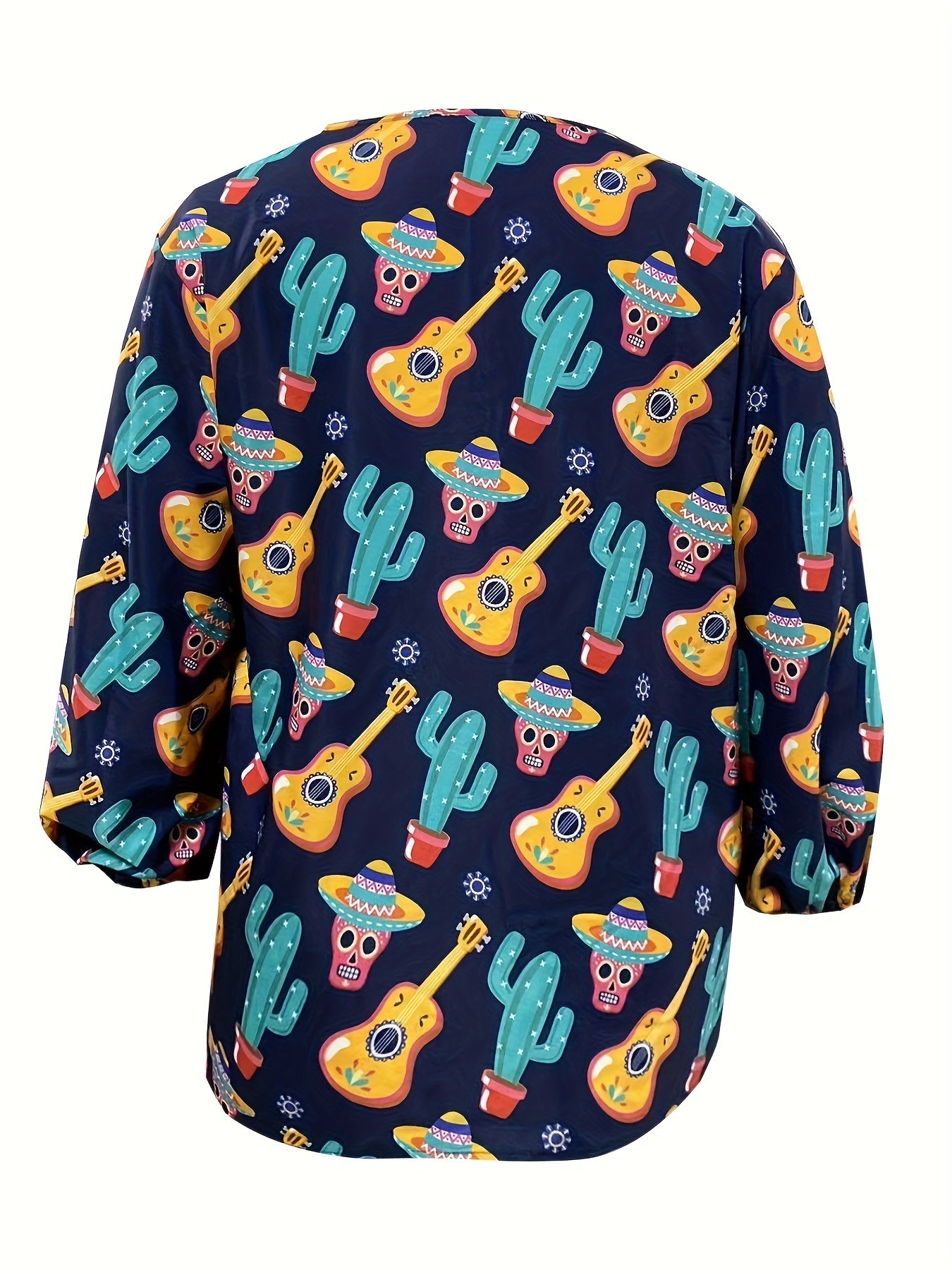  Funny Skull & Cactus Print Lantern Sleeve V Neck Top