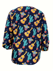 Funny Skull & Cactus Print Lantern Sleeve V Neck Top