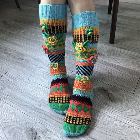 Colorful Floral Decor Knit Calf Socks