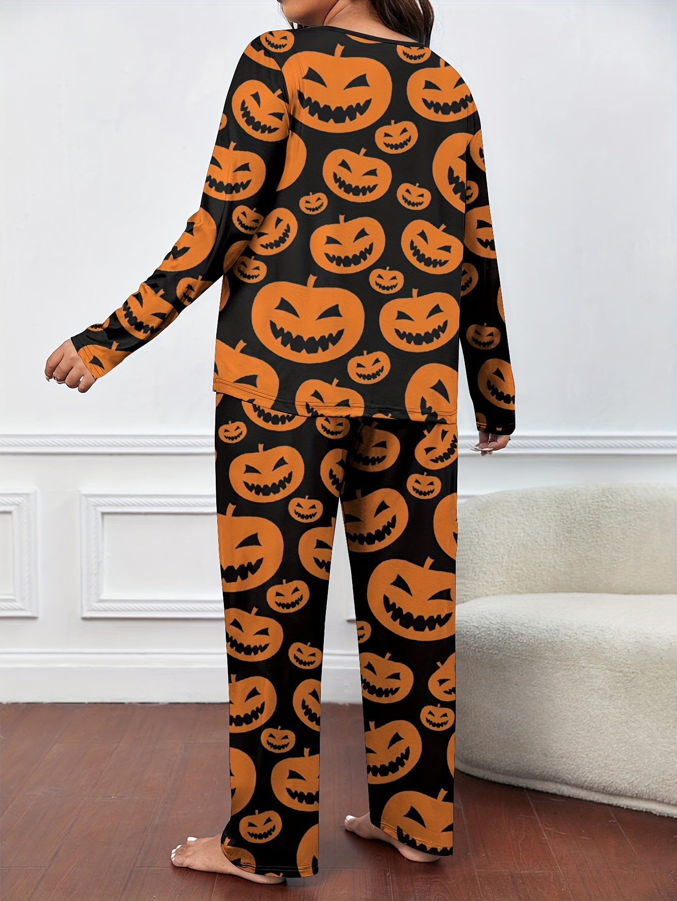  Pumpkin Print Pajamas Set Halloween Lounge 2 Piece