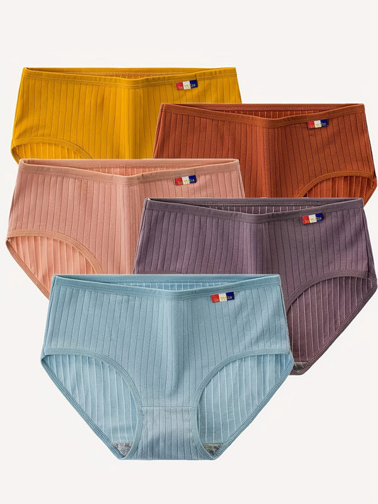 5pcs Ribbed Briefs Comfy Mid Rise Stretchy Panties Women's Lingerie