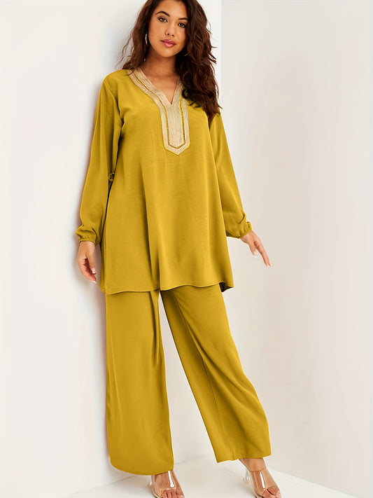  Applique Lantern Sleeve V Neck Belted Tunic Top & Wide Leg Pants Set