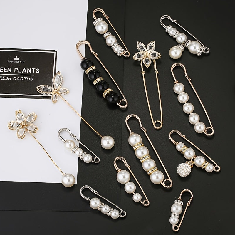 Faux Pearl Brooch for Women Rhinestone Shawl Pin Clip