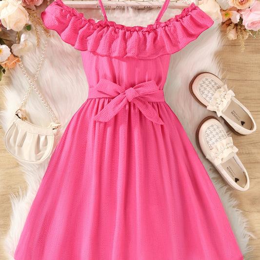 Girls' Ruffle Off Shoulder Tunic Dress With Belt Kid Girl's Casual Dresses