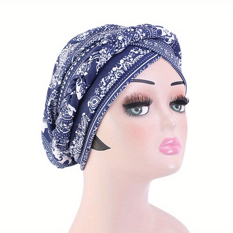 Boho Print Braided Turban Cap Vintage Pre-tied Bonnet Head Wrap Head Scarf