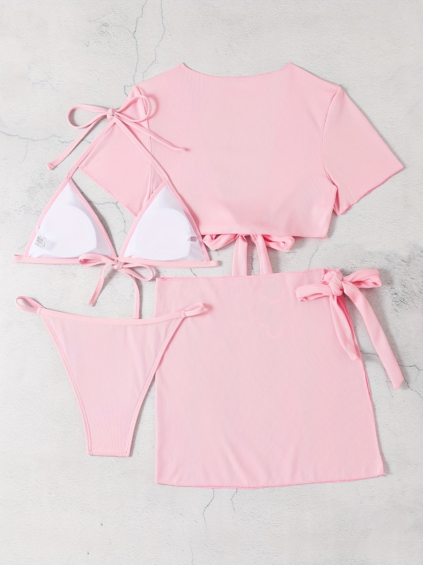 Solid Stretchy Bikini Set Halter V Neck High Cut With Cover Up
