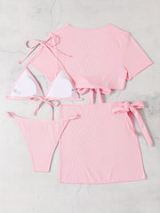 Solid Stretchy Bikini Set Halter V Neck High Cut With Cover Up