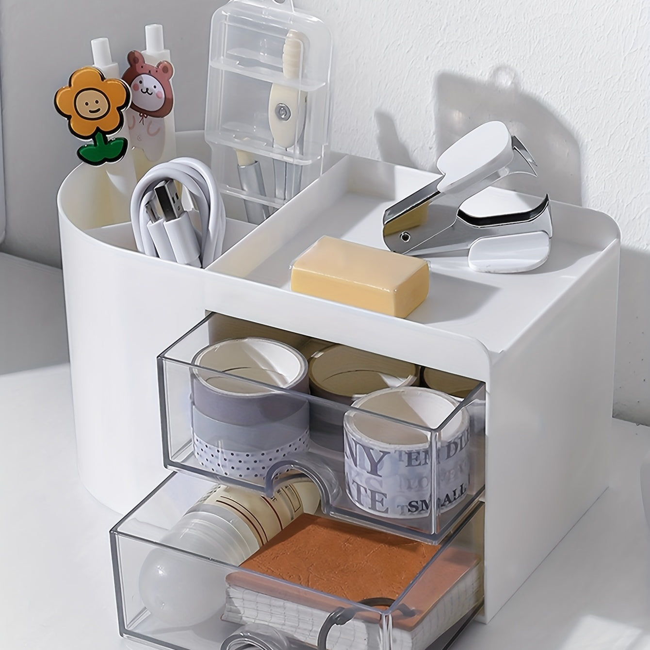 Desktop Pen Holder Storage Box with Small Drawer