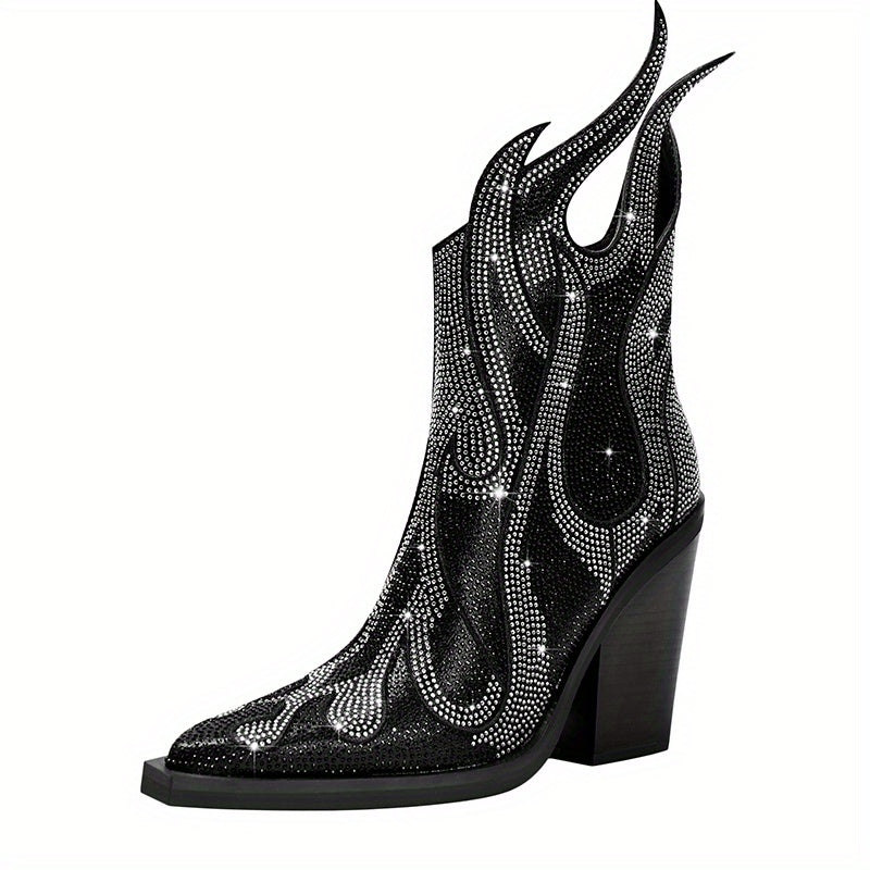 Women's Rhinestone Flame Ankle Boots Chunky Heel Glitter Shoes
