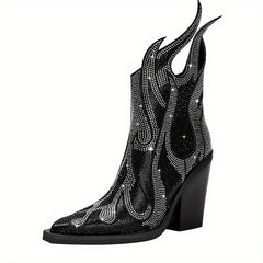 Women's Rhinestone Flame Ankle Boots Chunky Heel Glitter Shoes