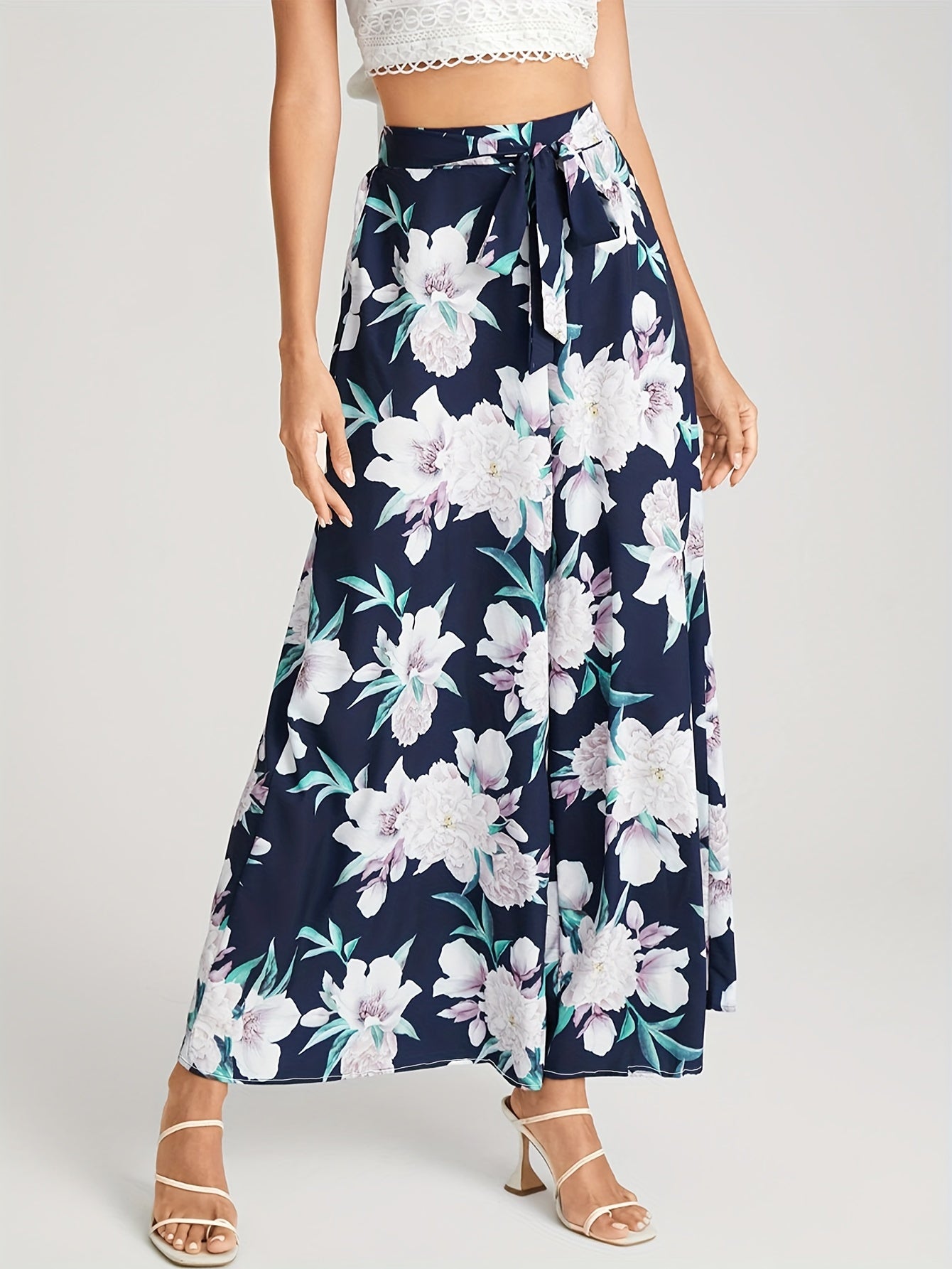  Floral Print High Rise Wide Leg Trousers