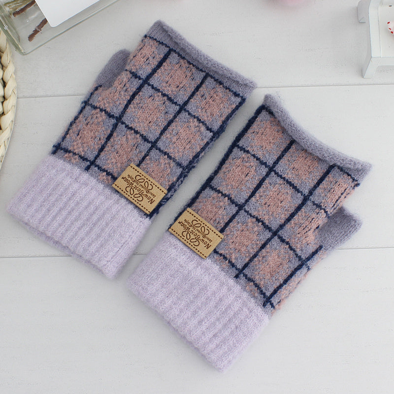 Women's Plaid Striped Woolen Half Finger Gloves