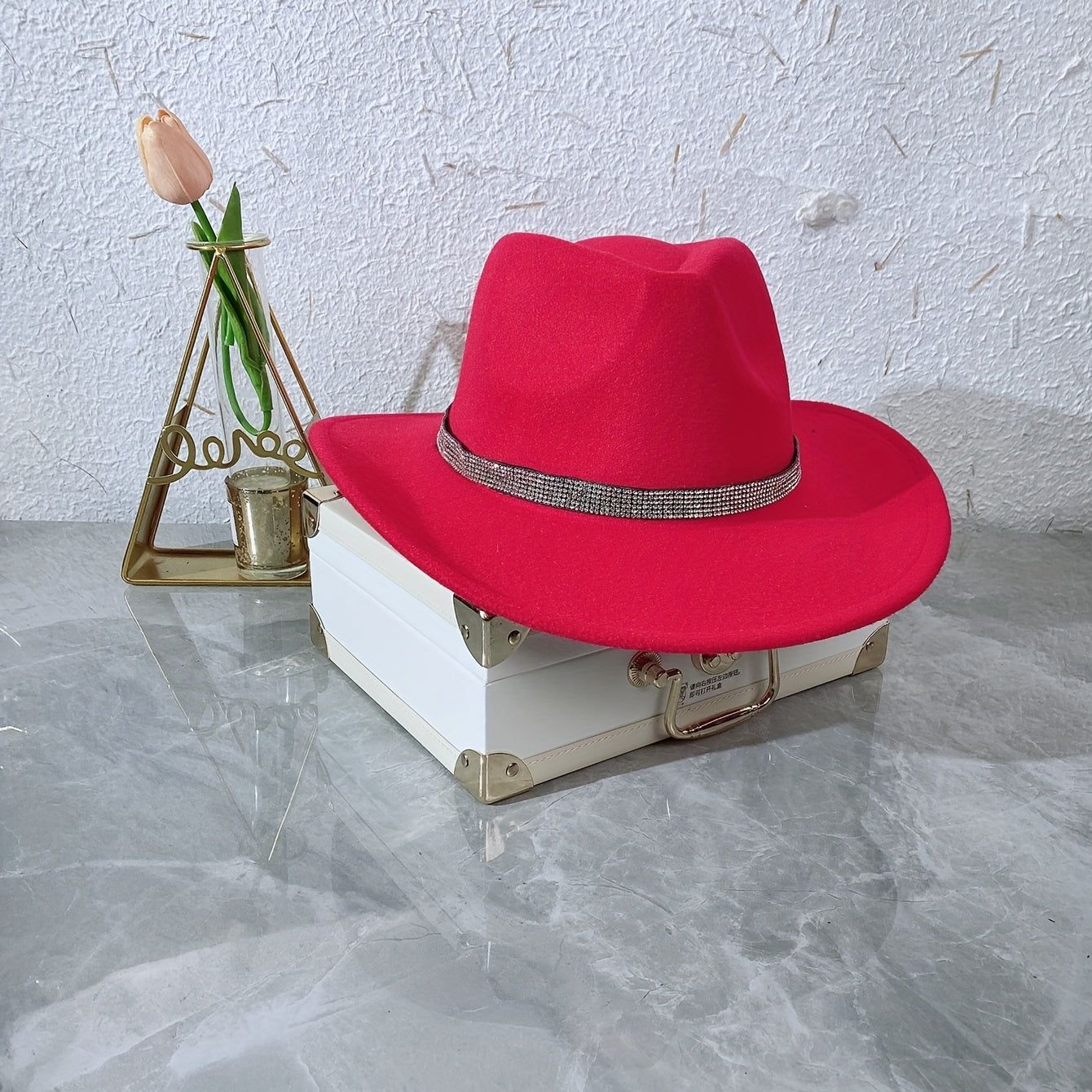 Red Rhinestone Fedora Cap Wide Brim Hat