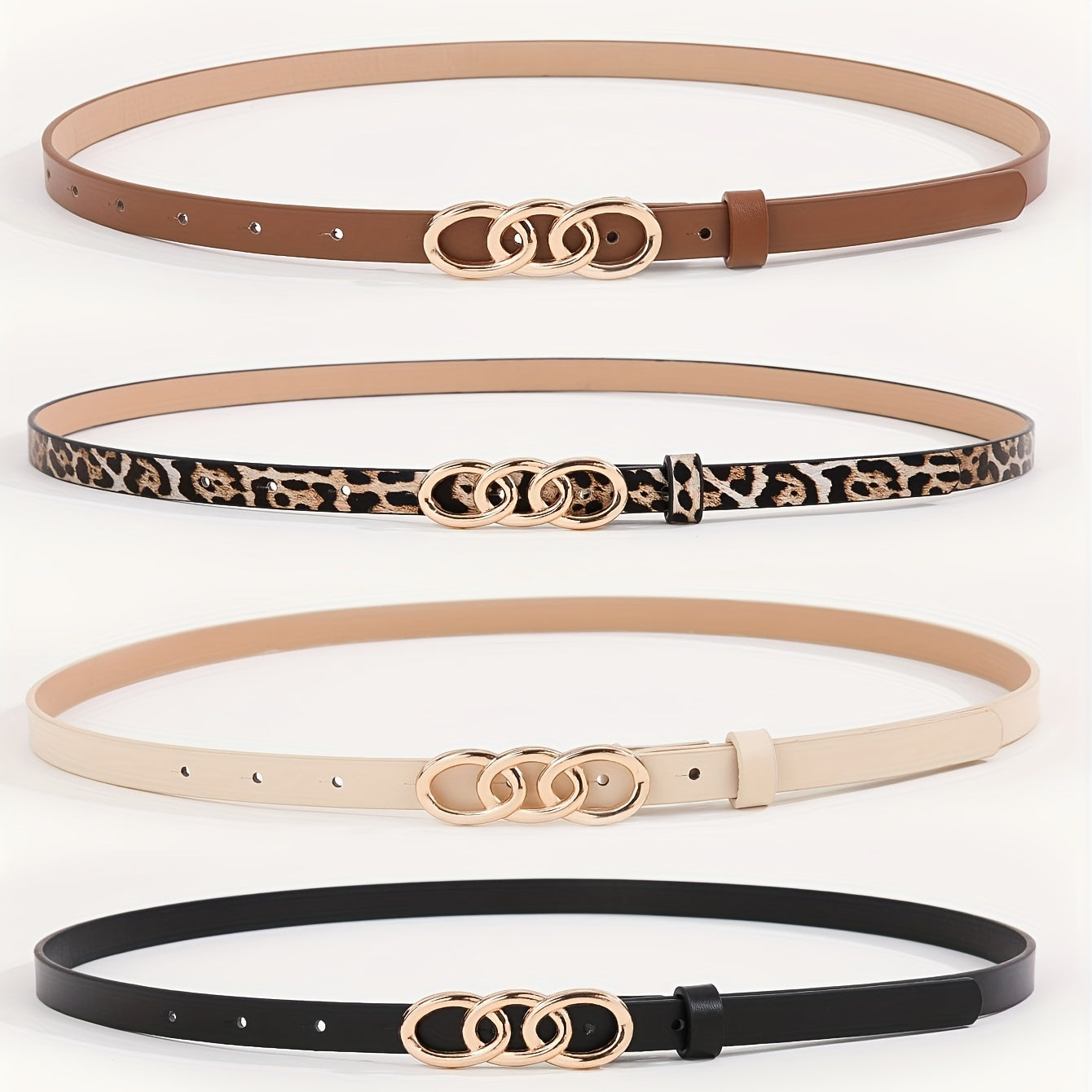 Leopard Print PU Leather Belt Triple Oval Ring Buckle Casual Jeans Pants Belts
