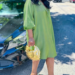  Solid Lantern Sleeve Button Up Shirt Dress