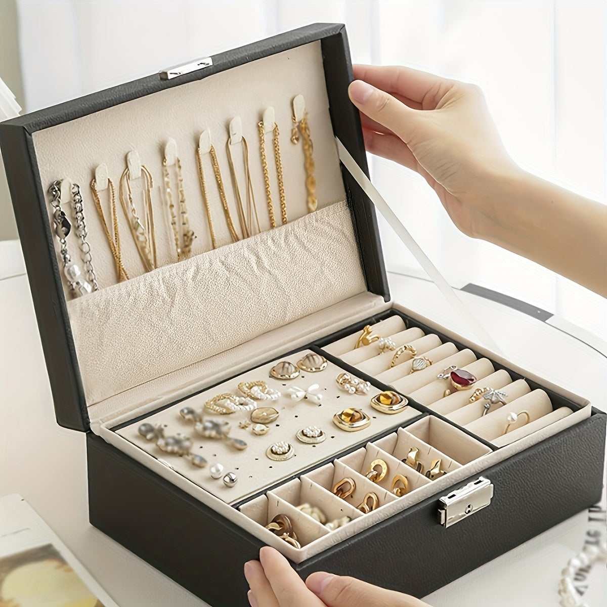 Large Jewelry Storage Box with Lock, Two Layers Display for Necklaces