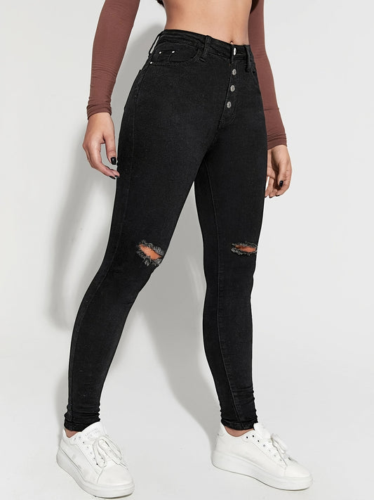 Slim Fit Distressed High Rise Jeans Button High Waist Denim Pants