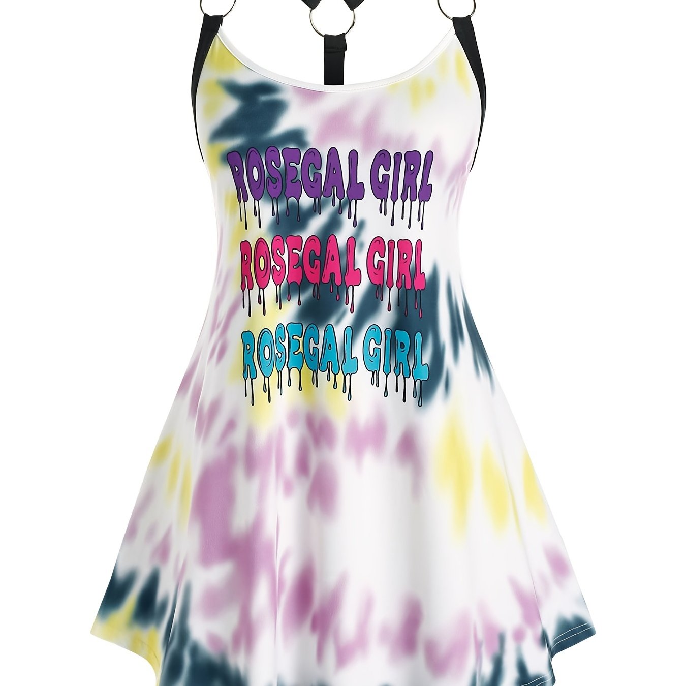  Tie Dye Letter Print O Ring Straps Tank Top Women's Plus V Neck Top
