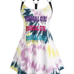 Tie Dye Letter Print O Ring Straps Tank Top Women's Plus V Neck Top