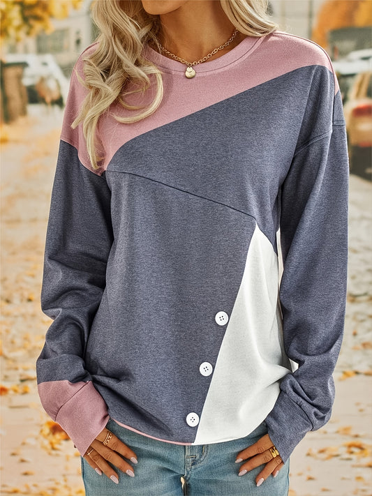 Casual Block Long Sleeve Crew Neck Pullover Sweatshirt for Fall & Winter