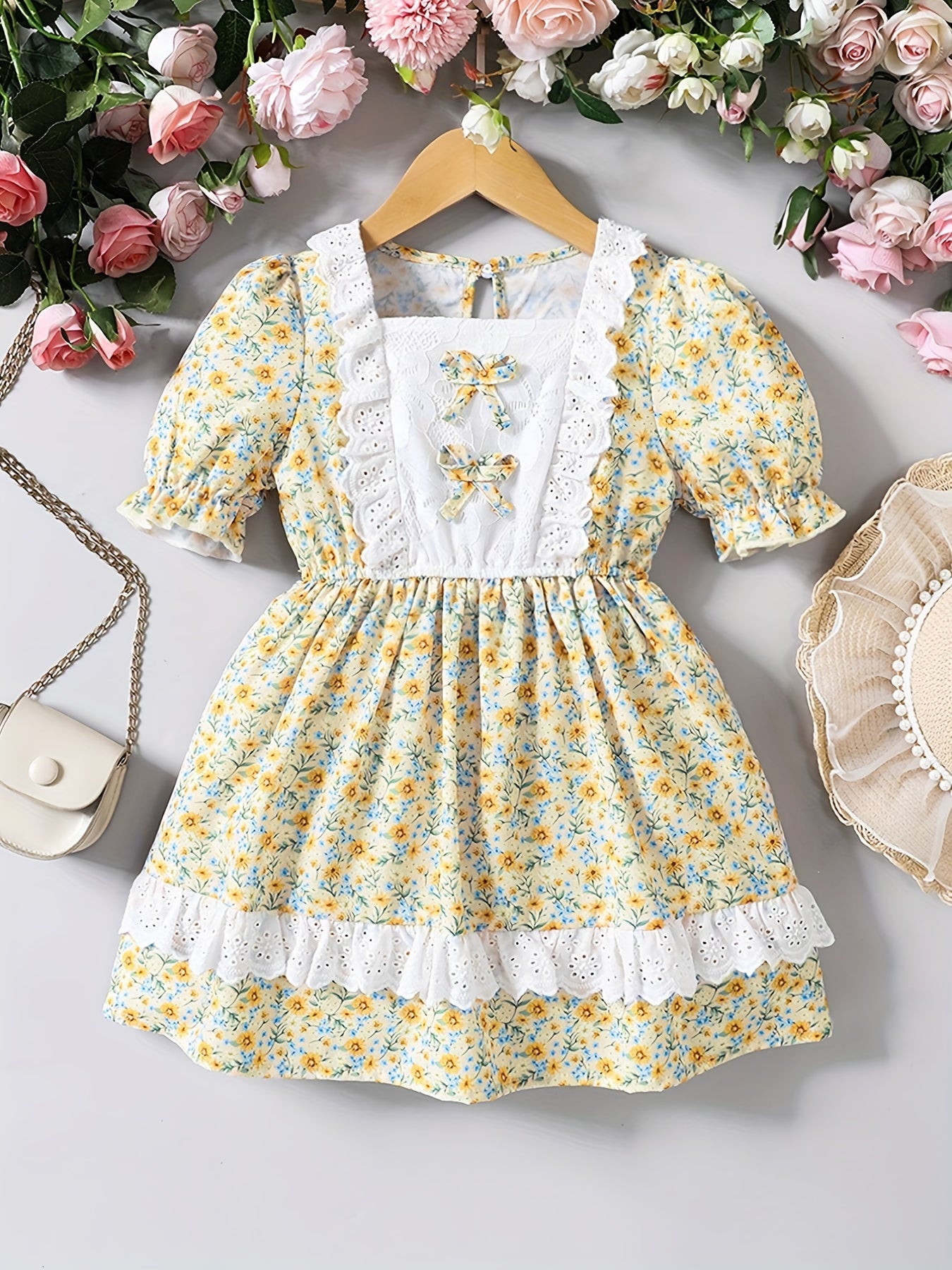 Girls Flower Print Puff Sleeve Dress for Party