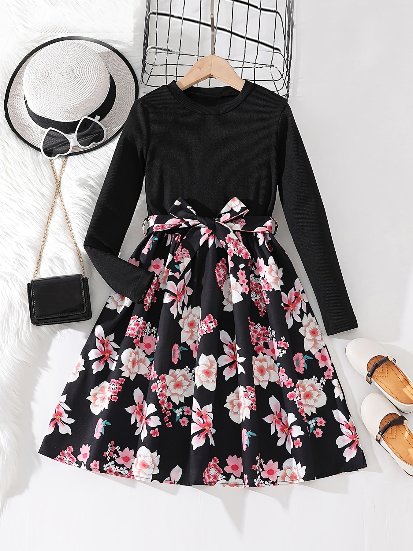 Girls Long Sleeves Flowers Splicing Belted Dress For Party Kids Spring Clothes