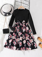 Girls Long Sleeves Flowers Splicing Belted Dress For Party Kids Spring Clothes