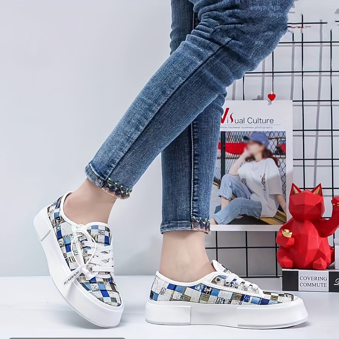 Women's Checkered Canvas Sneakers Lace Up Low Top Skate Shoes