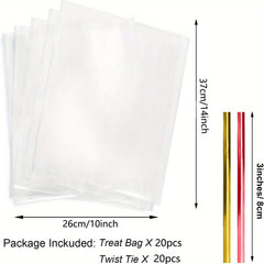 20pcs Transparent Gift Bags With Twist Knot 1 4 Mil Thick OPP Plastic Bags