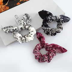 Paisley Print Large Satin Scrunchie with Rabbit Ears for Women
