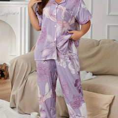  Floral Print Pajama Set Short Sleeve Button Up Shirt & Pants