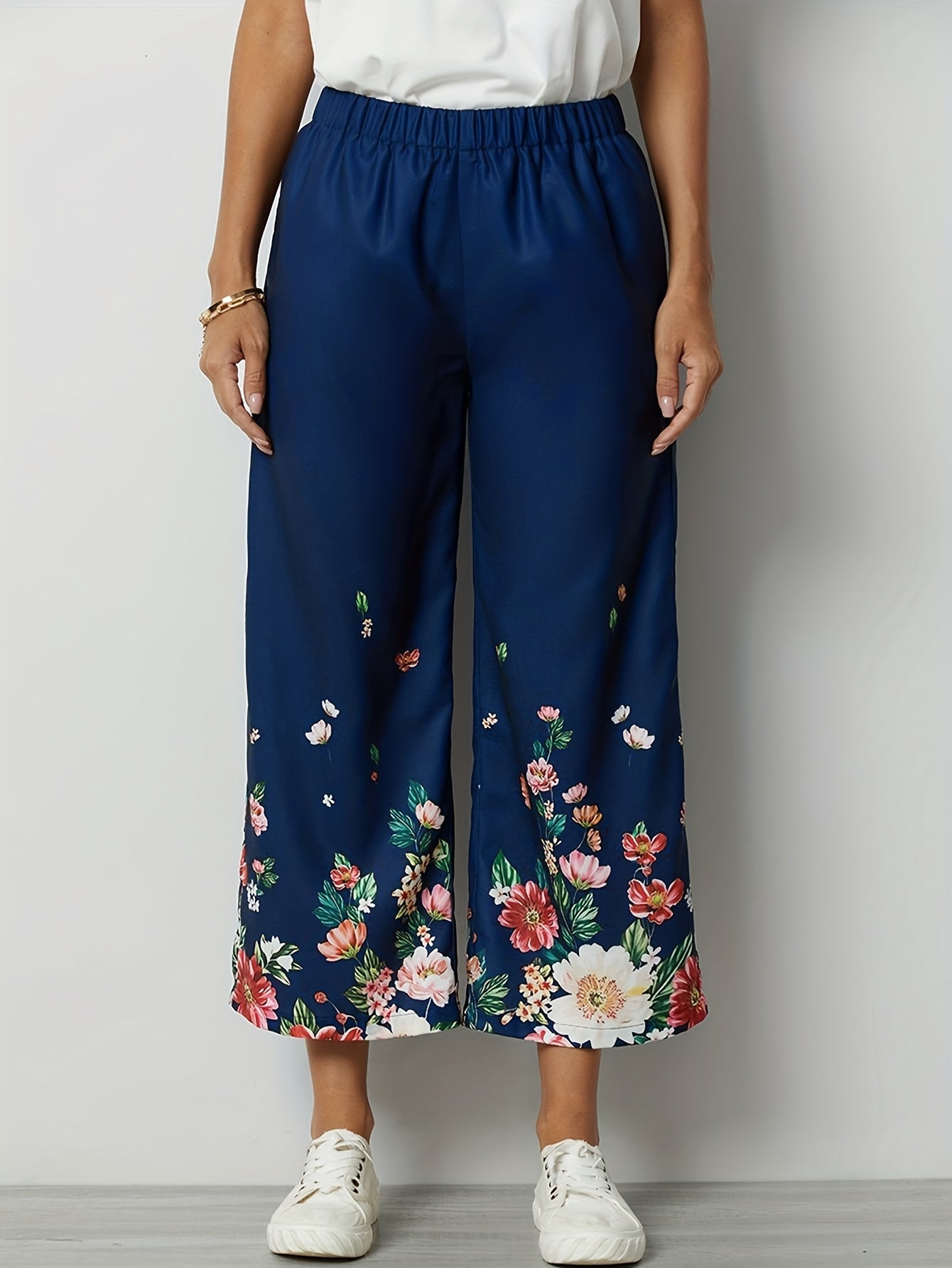  Floral Print Wide Leg Crop Trousers With Pockets