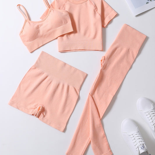 4Pcs Yoga Set High Stretch Crew Neck Crop Bra Tee Short Pants Sports Suit