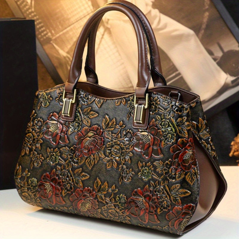 Vintage Floral Handbag w/Removable Strap Zipper Closure Polyester Lined