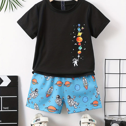 Boys Astronaut Rocket Print T-shirt & Shorts Set Kids Summer Outfit