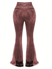  Denim Print High Rise Flare Leg Pants