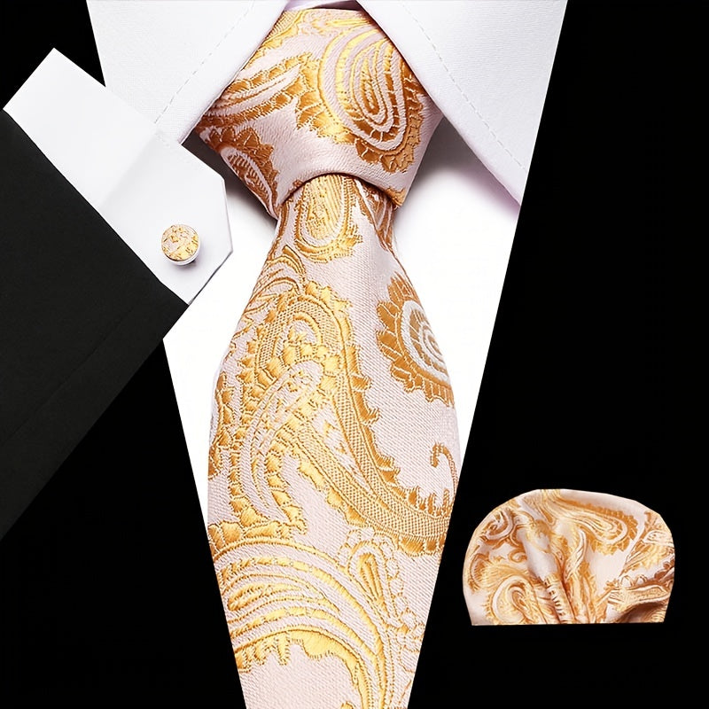 Men's Jacquard Woven Tie Set With Pocket Square & Cufflinks