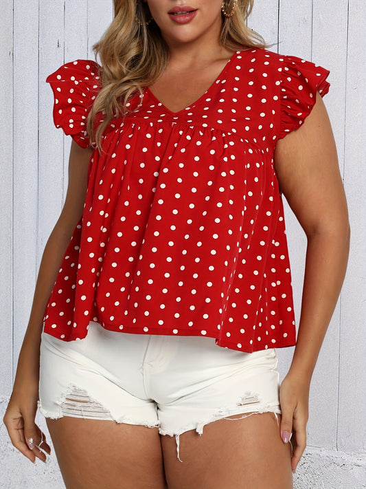  Polka Dot Print Ruffle Trim V Neck Tank Top