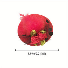 Doll House Hat Brushed Double Flower with Feathers Top Hat Hairpin