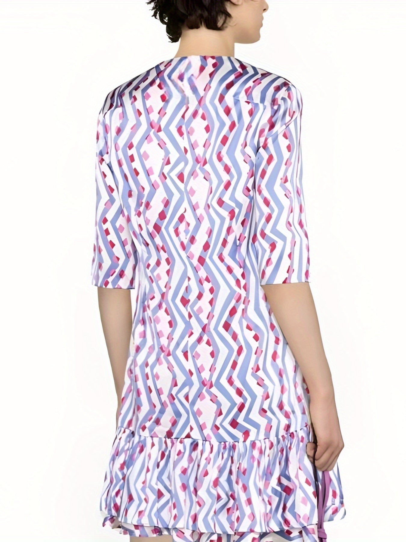  Colorblock Geometric Print V Neck Ruffle Dress
