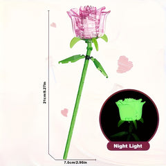 DIY Luminous Rose Building Blocks Pink & Green Plastic Flower Kit