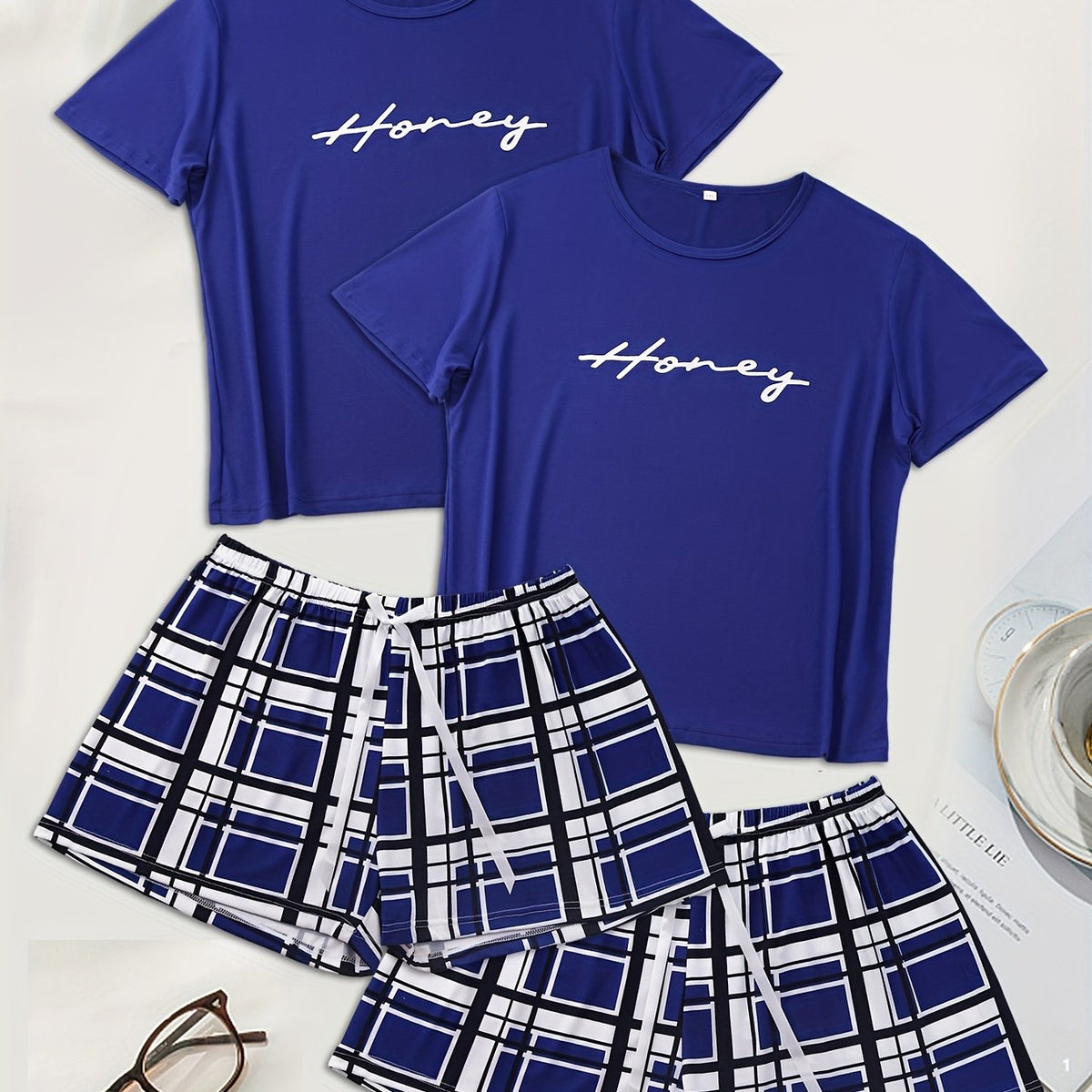 4 Pack Plus Size Casual Pajamas Set Women's Plus Letter & Plaid Print