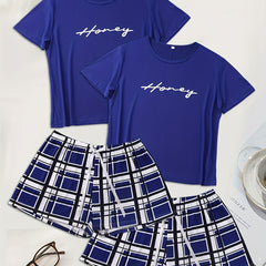 4 Pack Plus Size Casual Pajamas Set Women's Plus Letter & Plaid Print