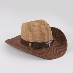 Big Cow Head Leather Belt Retro Outdoor Sunshade Western Cowboy Straw Hat