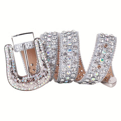 Men's Rhinestone Belt Flower Buckle Crystal Studded Cowgirl Cowboy Strap Jeans